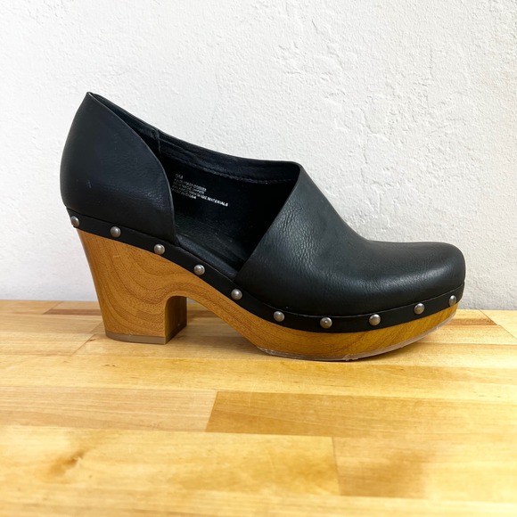 Kork Ease Shoes - Korks Arielle Kork Ease Black Leather Wood Heel Clogs D'Orsay Shoes Size 9